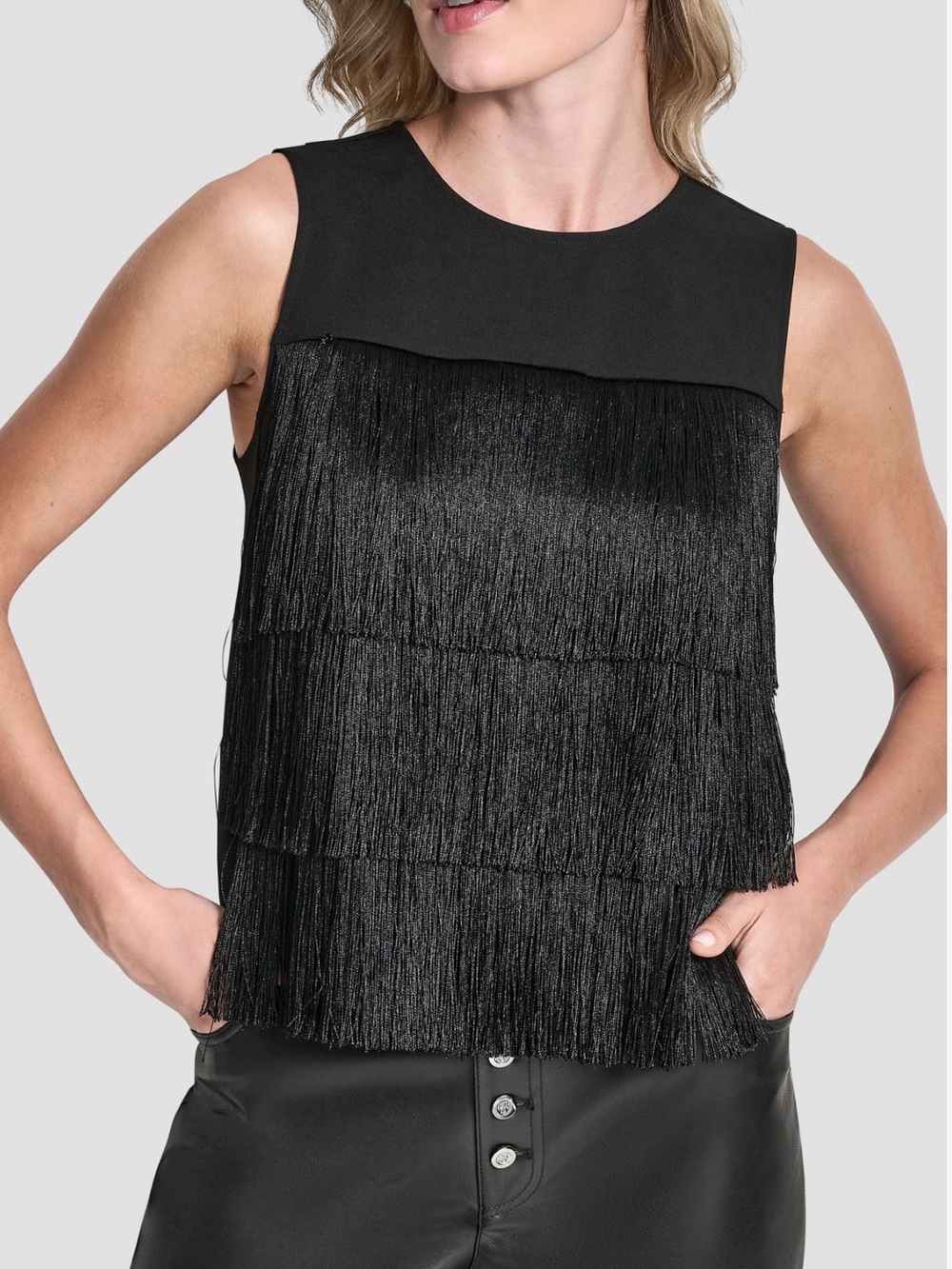 DKNY Tiered Fringe Top Women’s Black Fringe Sleeveless Camisole size XL